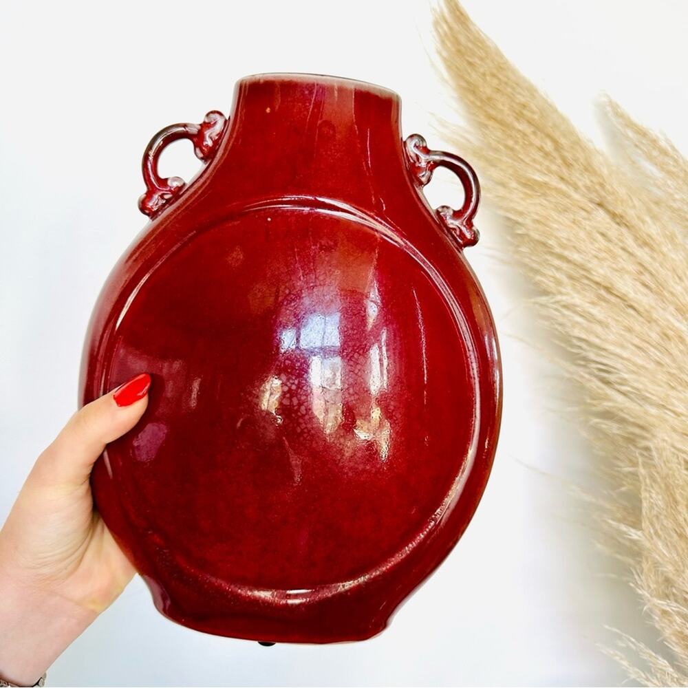 VINTAGE Rich Red Burgundy Ceramic Circular Vase Decor Mid Century Modern Retro - Picture 5 of 9